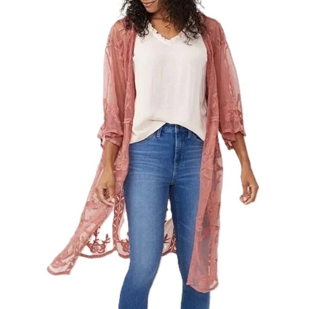 Lauren Conrad Women's Dusty Rose Lace Mesh Duster open Cover OS